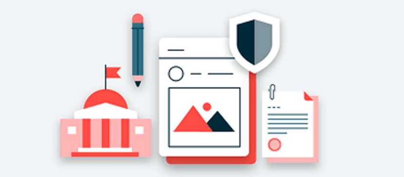 Illustration of a pencil, notepad, social media, shield, and government